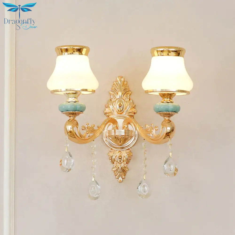 Opal Glass K9 Crystal Wall Light Classic Living Room Lighting Fixture With Accent In Gold