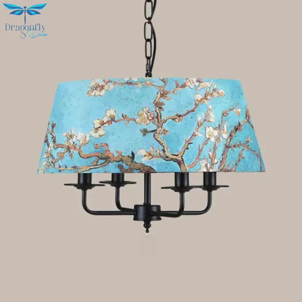 Orchid Printed Fabric Blue Chandelier Trapezoid 4 Lights Korean Garden Hanging Pendant