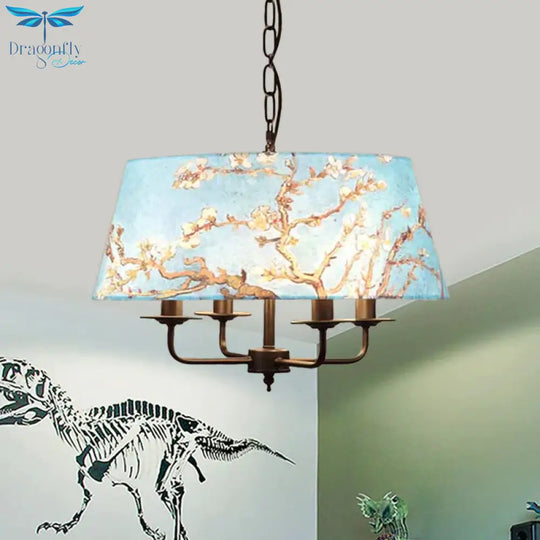 Orchid Printed Fabric Blue Chandelier Trapezoid 4 Lights Korean Garden Hanging Pendant