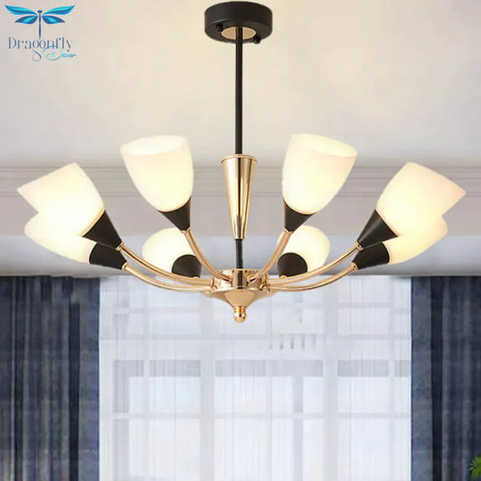 Oval Living Room Ceiling Chandelier Traditional White Glass 3/6/8 Lights Gold Hanging Fixture