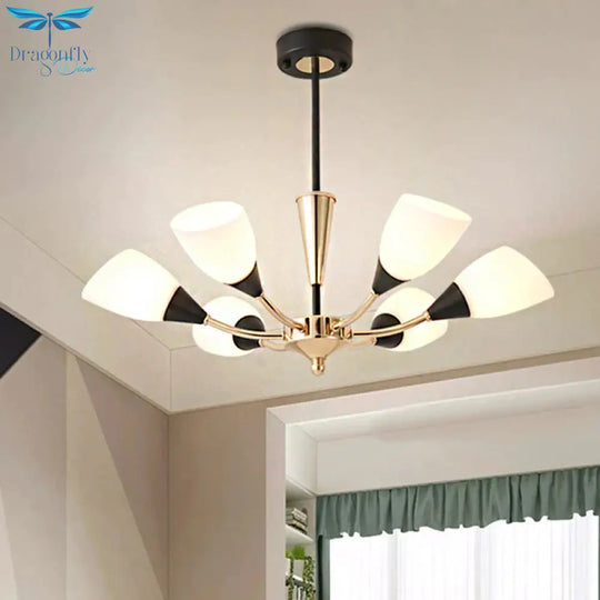 Oval Living Room Ceiling Chandelier Traditional White Glass 3/6/8 Lights Gold Hanging Fixture