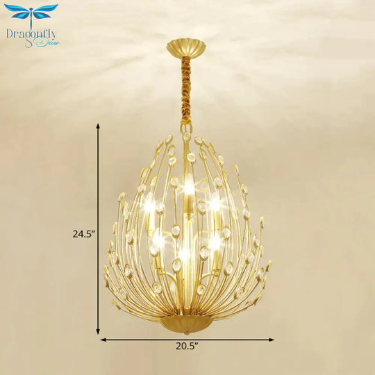 Oval Metal And Crystal Hanging Light Rustic 3/6 Lights Dining Room Chandelier In Gold
