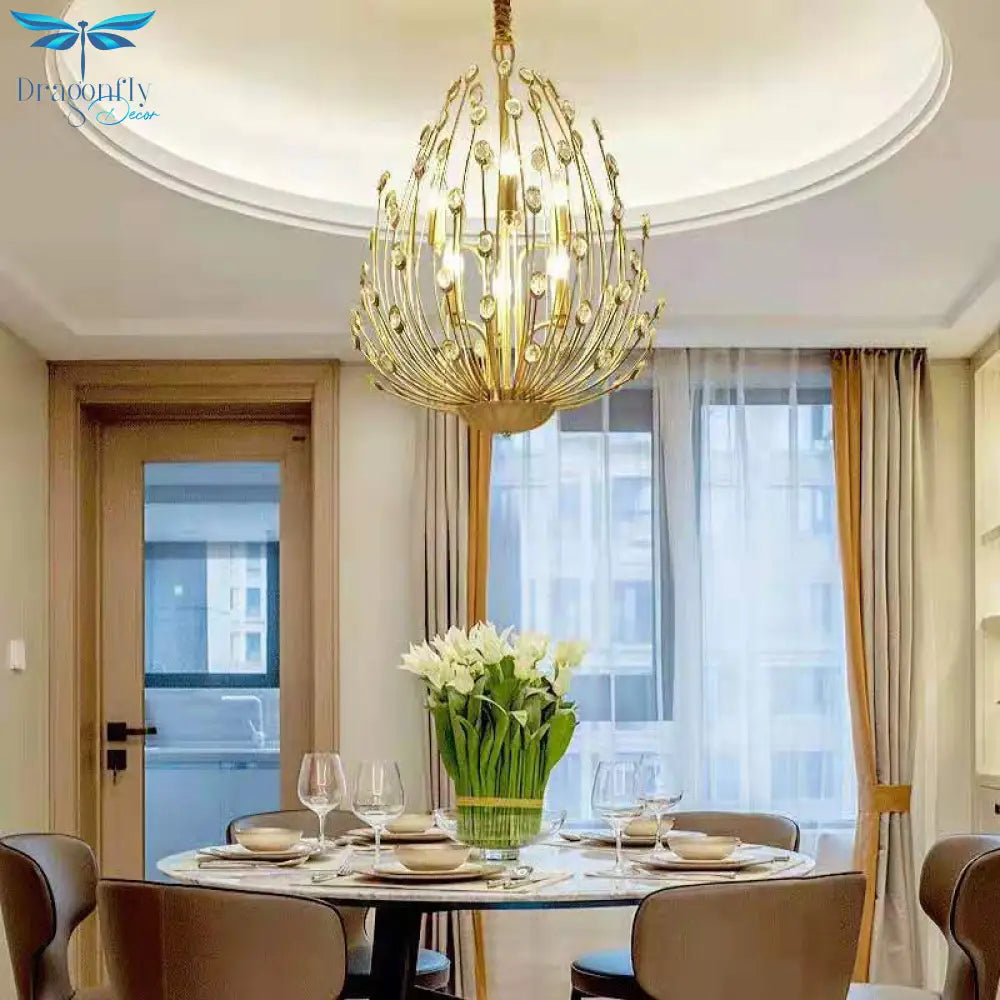 Oval Metal And Crystal Hanging Light Rustic 3/6 Lights Dining Room Chandelier In Gold