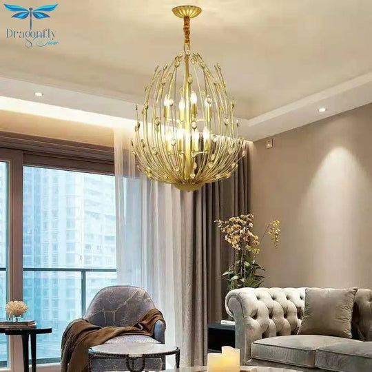 Oval Metal And Crystal Hanging Light Rustic 3/6 Lights Dining Room Chandelier In Gold