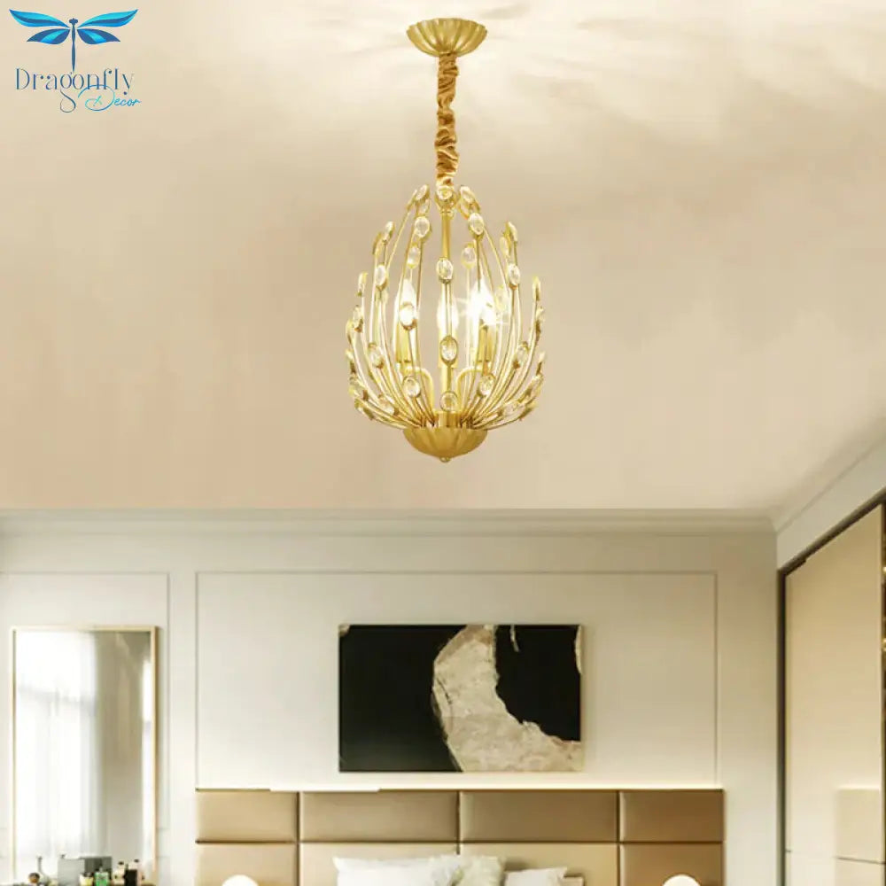 Oval Metal And Crystal Hanging Light Rustic 3/6 Lights Dining Room Chandelier In Gold
