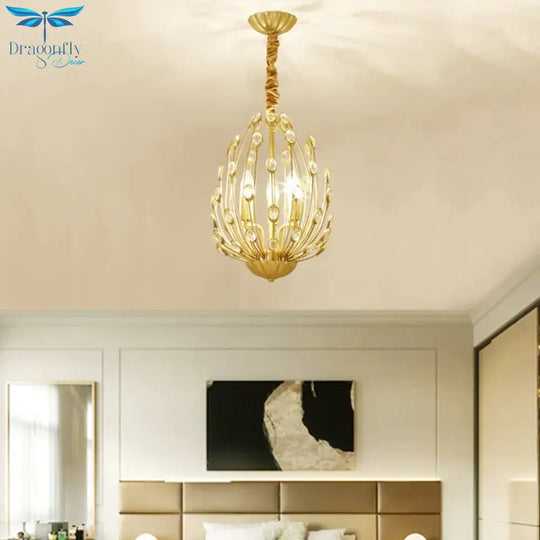 Oval Metal And Crystal Hanging Light Rustic 3/6 Lights Dining Room Chandelier In Gold