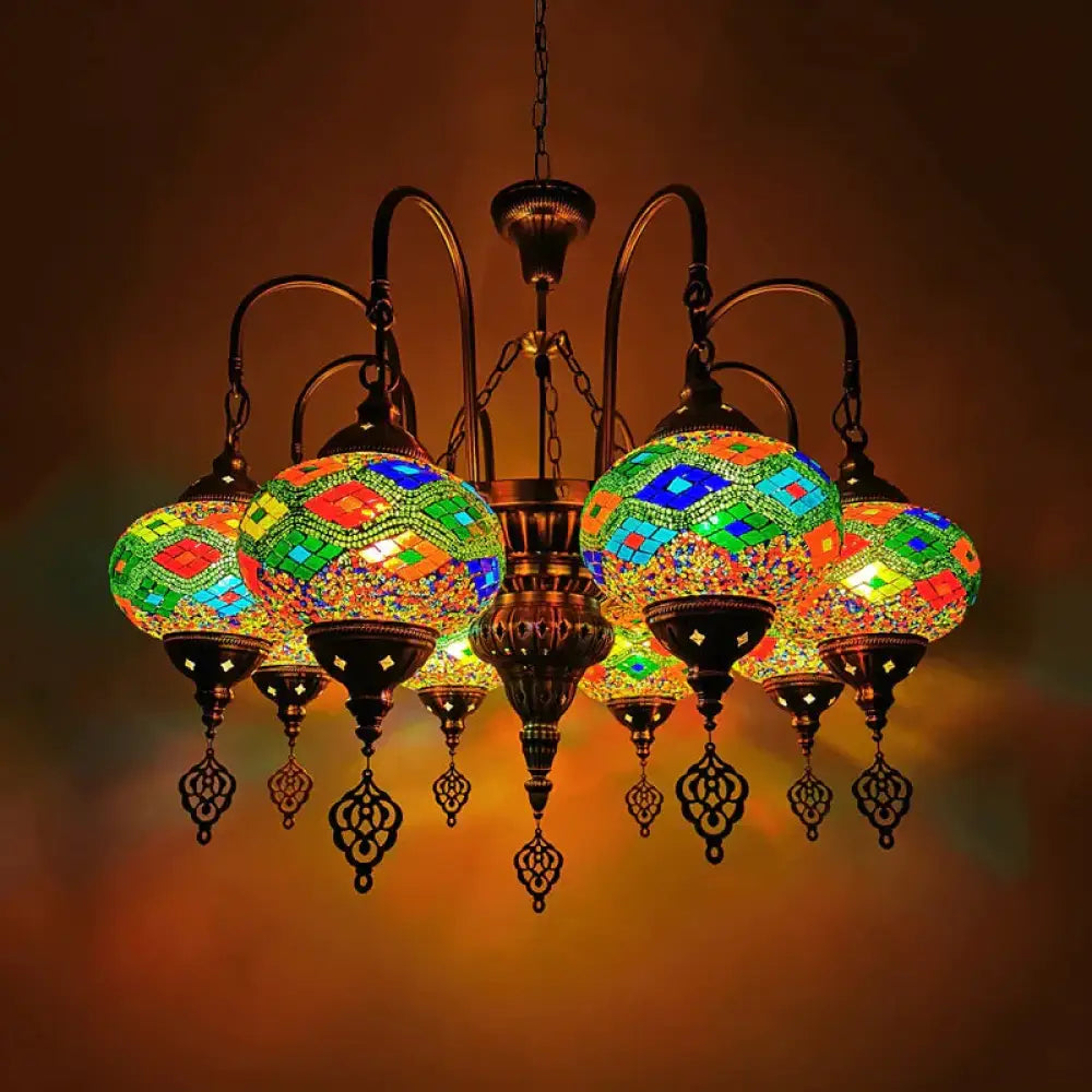 Oval Stained Glass Chandelier Light Fixture Traditional 9 Heads Dining Room Hanging Lamp Kit In