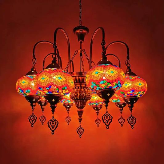 Oval Stained Glass Chandelier Light Fixture Traditional 9 Heads Dining Room Hanging Lamp Kit In