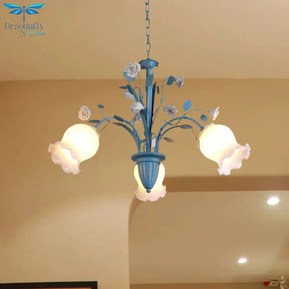 Pastoral Blossom Chandelier Lighting Fixture 3/5/6 Heads White Glass Pendant Ceiling Light In Blue