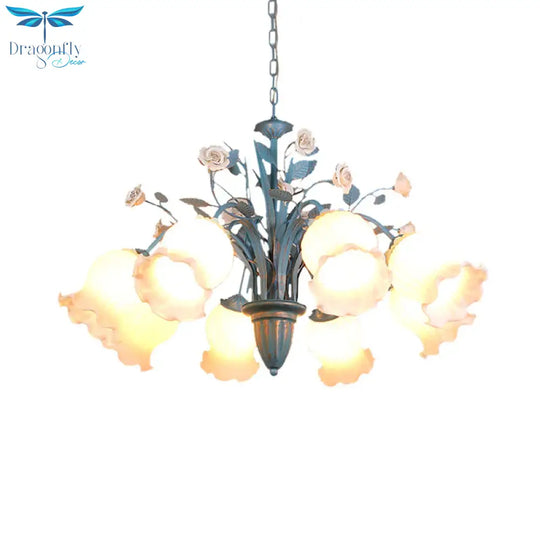 Pastoral Blossom Chandelier Lighting Fixture 3/5/6 Heads White Glass Pendant Ceiling Light In Blue