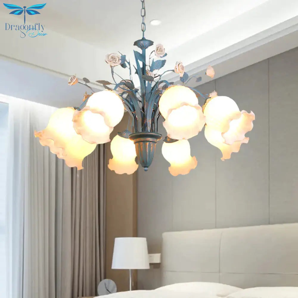 Pastoral Blossom Chandelier Lighting Fixture 3/5/6 Heads White Glass Pendant Ceiling Light In Blue