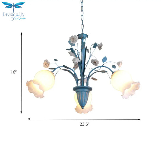 Pastoral Blossom Chandelier Lighting Fixture 3/5/6 Heads White Glass Pendant Ceiling Light In Blue