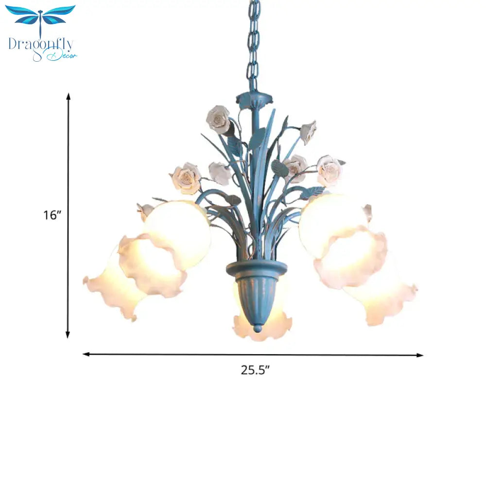 Pastoral Blossom Chandelier Lighting Fixture 3/5/6 Heads White Glass Pendant Ceiling Light In Blue