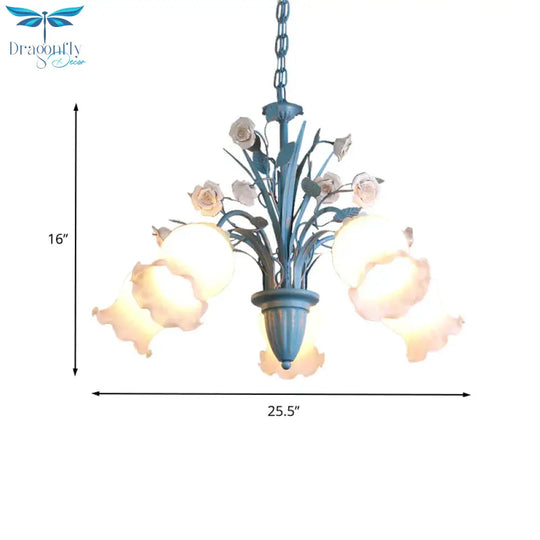 Pastoral Blossom Chandelier Lighting Fixture 3/5/6 Heads White Glass Pendant Ceiling Light In Blue