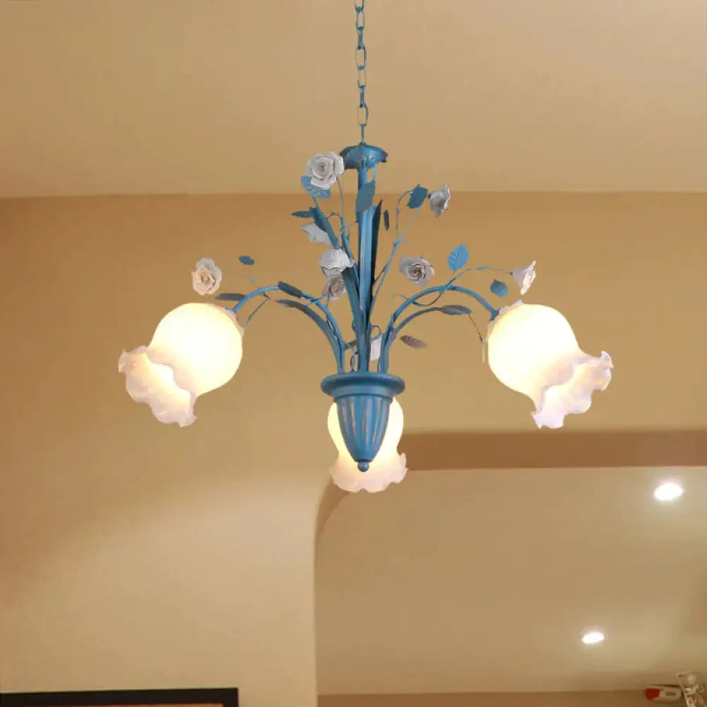 Pastoral Blossom Chandelier Lighting Fixture 3/5/6 Heads White Glass Pendant Ceiling Light In Blue