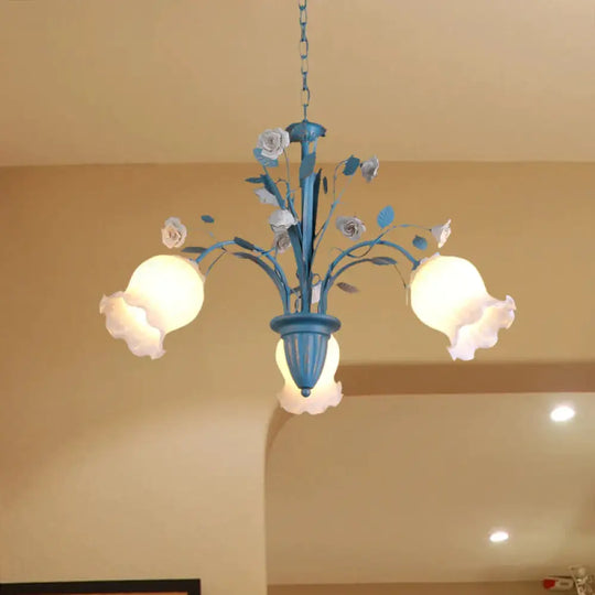 Pastoral Blossom Chandelier Lighting Fixture 3/5/6 Heads White Glass Pendant Ceiling Light In Blue