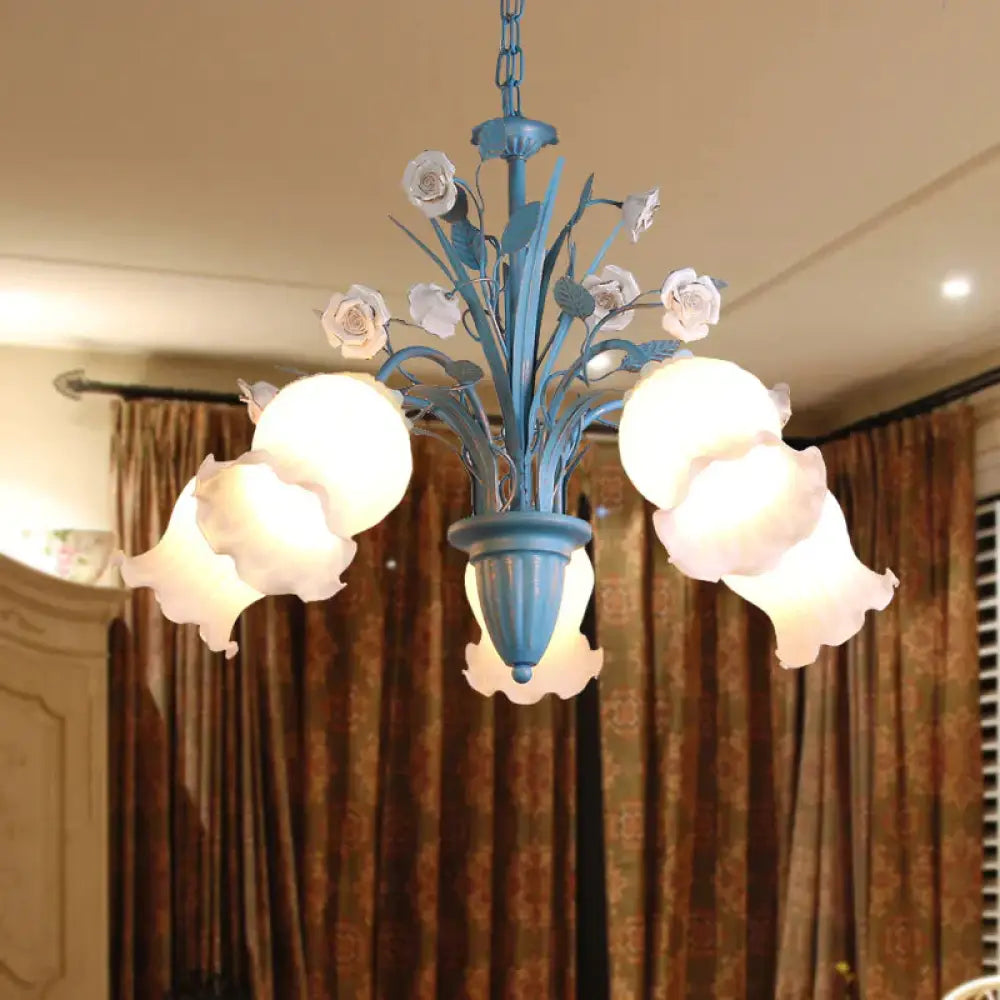 Pastoral Blossom Chandelier Lighting Fixture 3/5/6 Heads White Glass Pendant Ceiling Light In Blue
