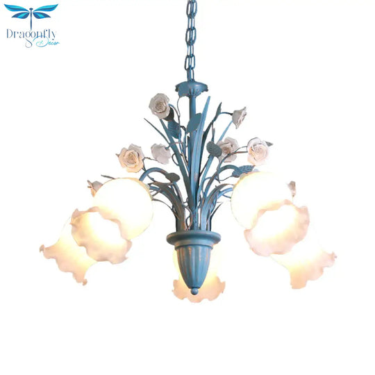 Pastoral Blossom Chandelier Lighting Fixture 3/5/6 Heads White Glass Pendant Ceiling Light In Blue