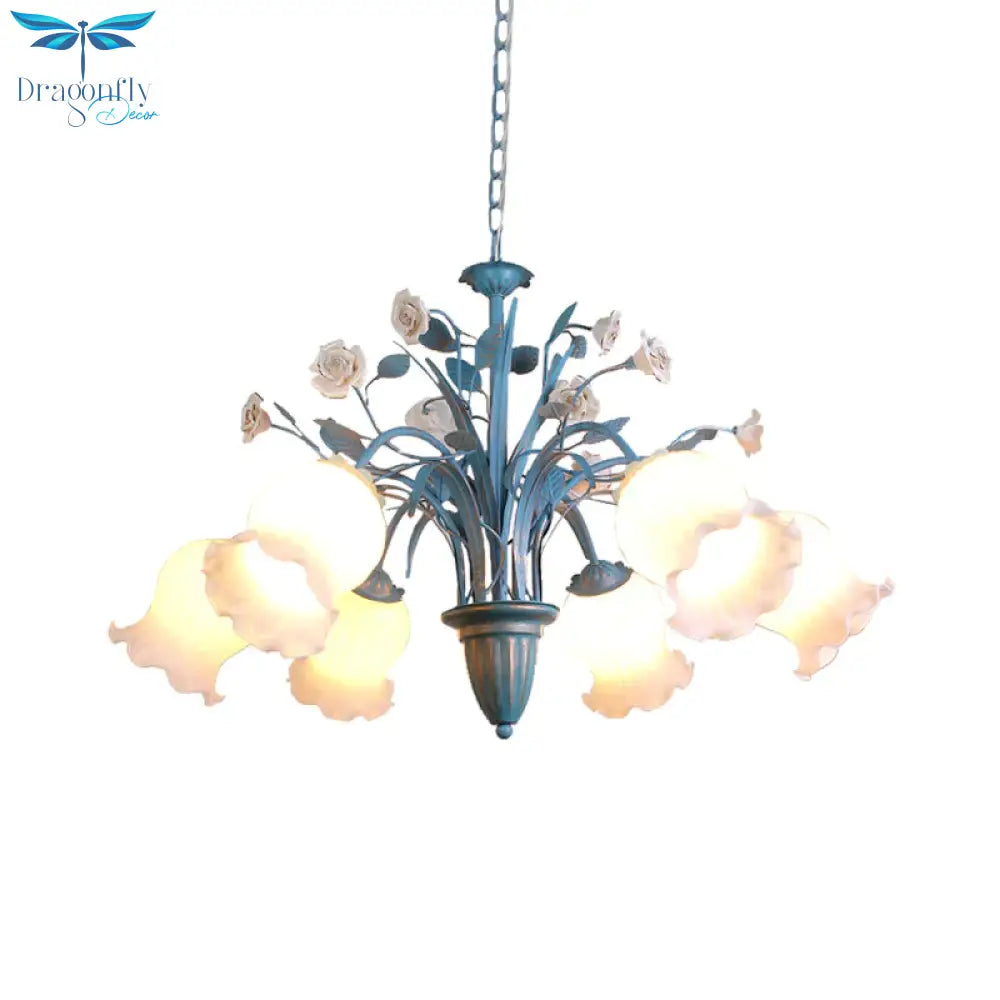 Pastoral Blossom Chandelier Lighting Fixture 3/5/6 Heads White Glass Pendant Ceiling Light In Blue