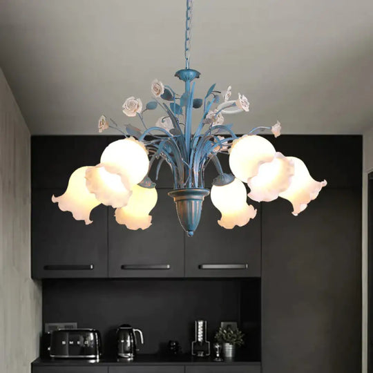 Pastoral Blossom Chandelier Lighting Fixture 3/5/6 Heads White Glass Pendant Ceiling Light In Blue