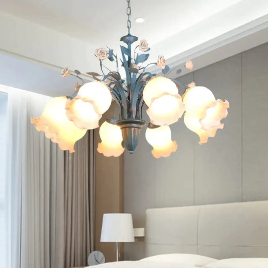 Pastoral Blossom Chandelier Lighting Fixture 3/5/6 Heads White Glass Pendant Ceiling Light In Blue