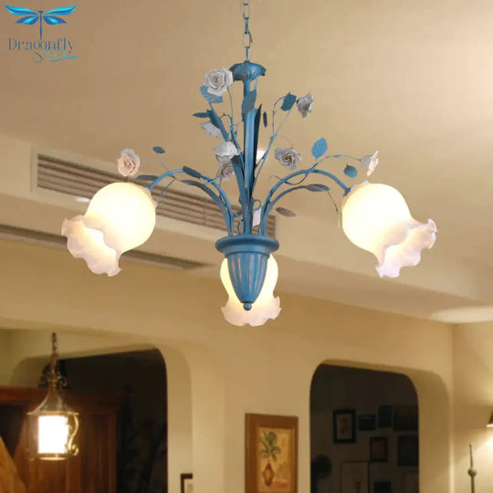 Pastoral Blossom Chandelier Lighting Fixture 3/5/6 Heads White Glass Pendant Ceiling Light In Blue