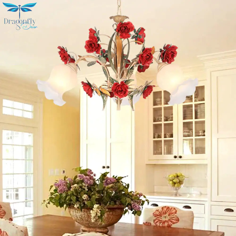 Pastoral Scalloped Chandelier Pendant Light 3/6/8 Heads Metal Led Flower Suspension Lighting In