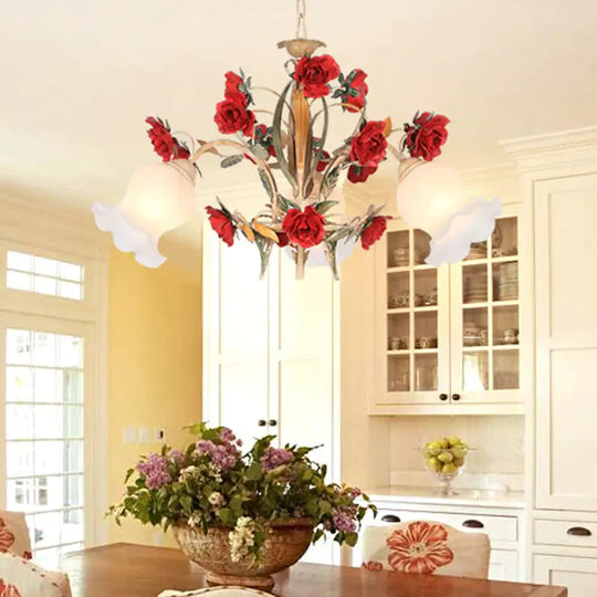 Pastoral Scalloped Chandelier Pendant Light 3/6/8 Heads Metal Led Flower Suspension Lighting In