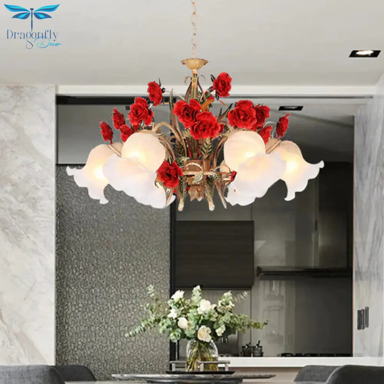 Pastoral Scalloped Chandelier Pendant Light 3/6/8 Heads Metal Led Flower Suspension Lighting In