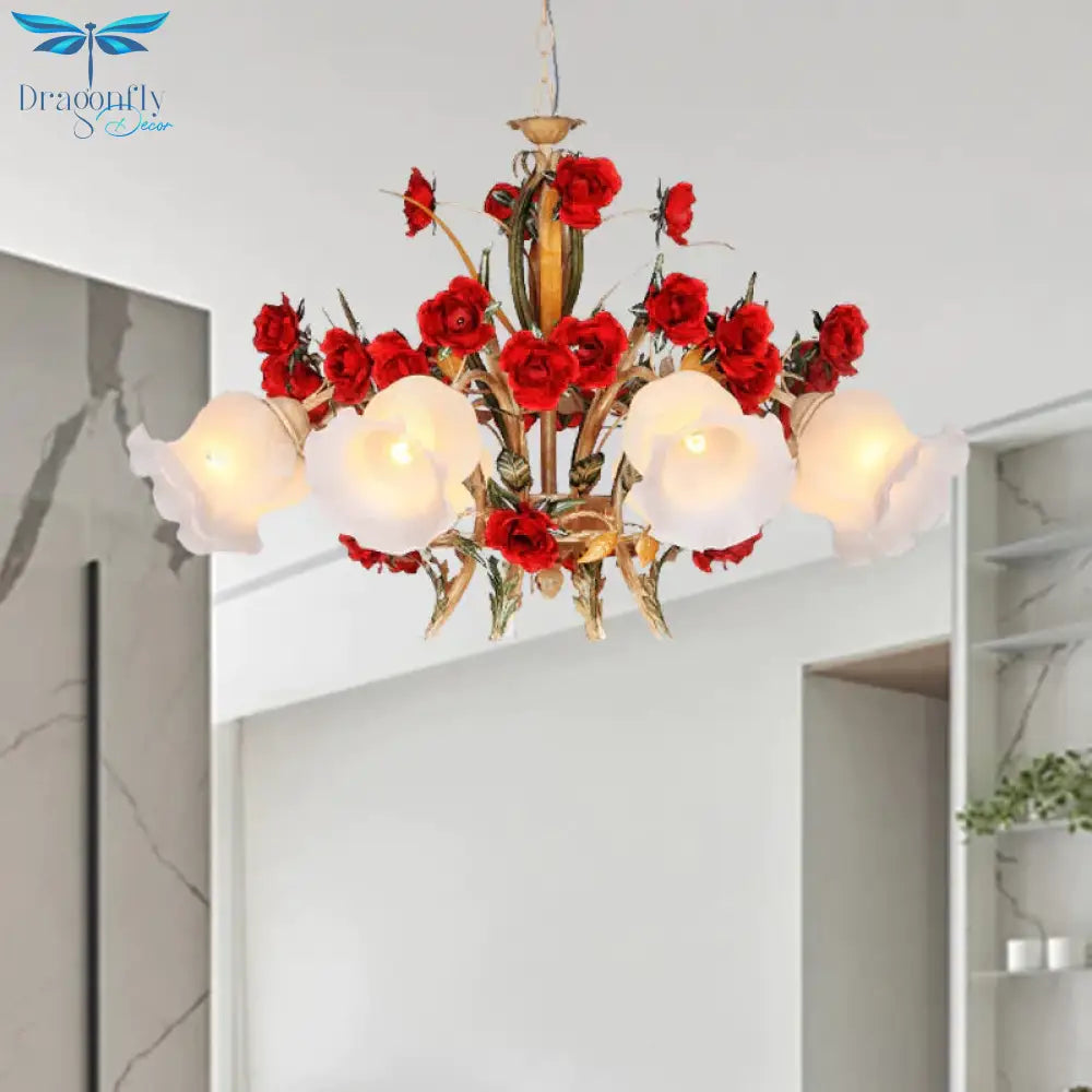 Pastoral Scalloped Chandelier Pendant Light 3/6/8 Heads Metal Led Flower Suspension Lighting In