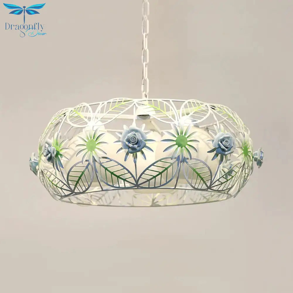 Pastoral Style Foliage Drum Chandelier 3 Lights Iron Hanging Lamp Kit In Blue With Globe Opal Glass