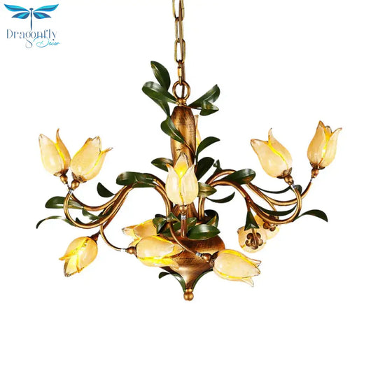 Pastoral Tulip Chandelier Lighting Fixture 12/20/30 Bulbs Metal Led Pendant Ceiling Light In Brass