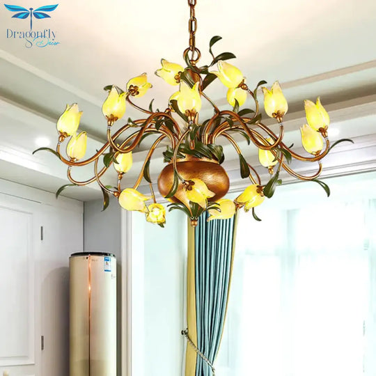 Pastoral Tulip Chandelier Lighting Fixture 12/20/30 Bulbs Metal Led Pendant Ceiling Light In Brass