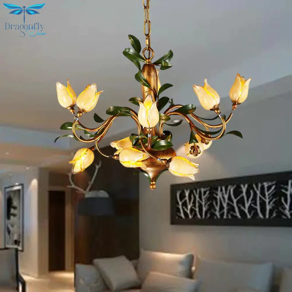 Pastoral Tulip Chandelier Lighting Fixture 12/20/30 Bulbs Metal Led Pendant Ceiling Light In Brass