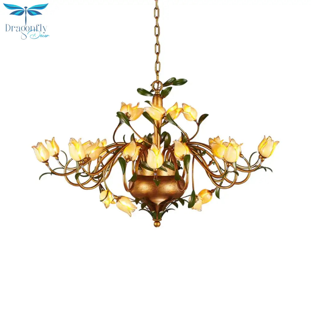Pastoral Tulip Chandelier Lighting Fixture 12/20/30 Bulbs Metal Led Pendant Ceiling Light In Brass