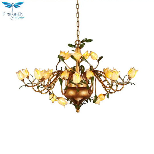 Pastoral Tulip Chandelier Lighting Fixture 12/20/30 Bulbs Metal Led Pendant Ceiling Light In Brass