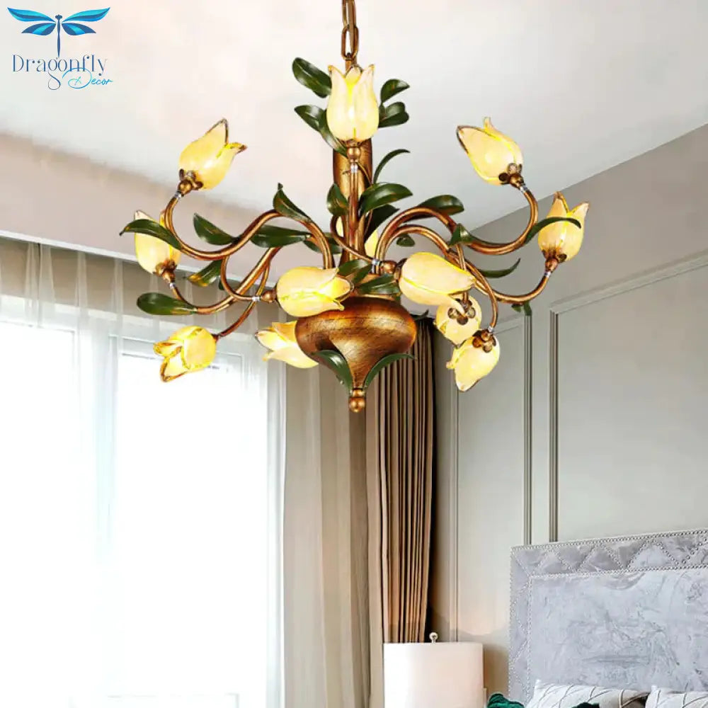 Pastoral Tulip Chandelier Lighting Fixture 12/20/30 Bulbs Metal Led Pendant Ceiling Light In Brass