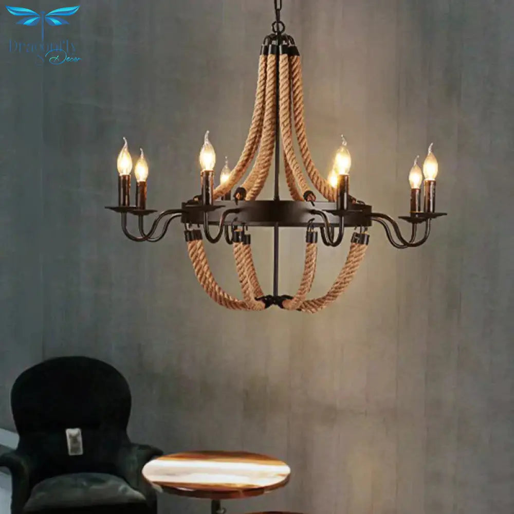 Pauline’s Metal Empire Chandelier - Industrial Lodge Style Pendant With Rope Detail