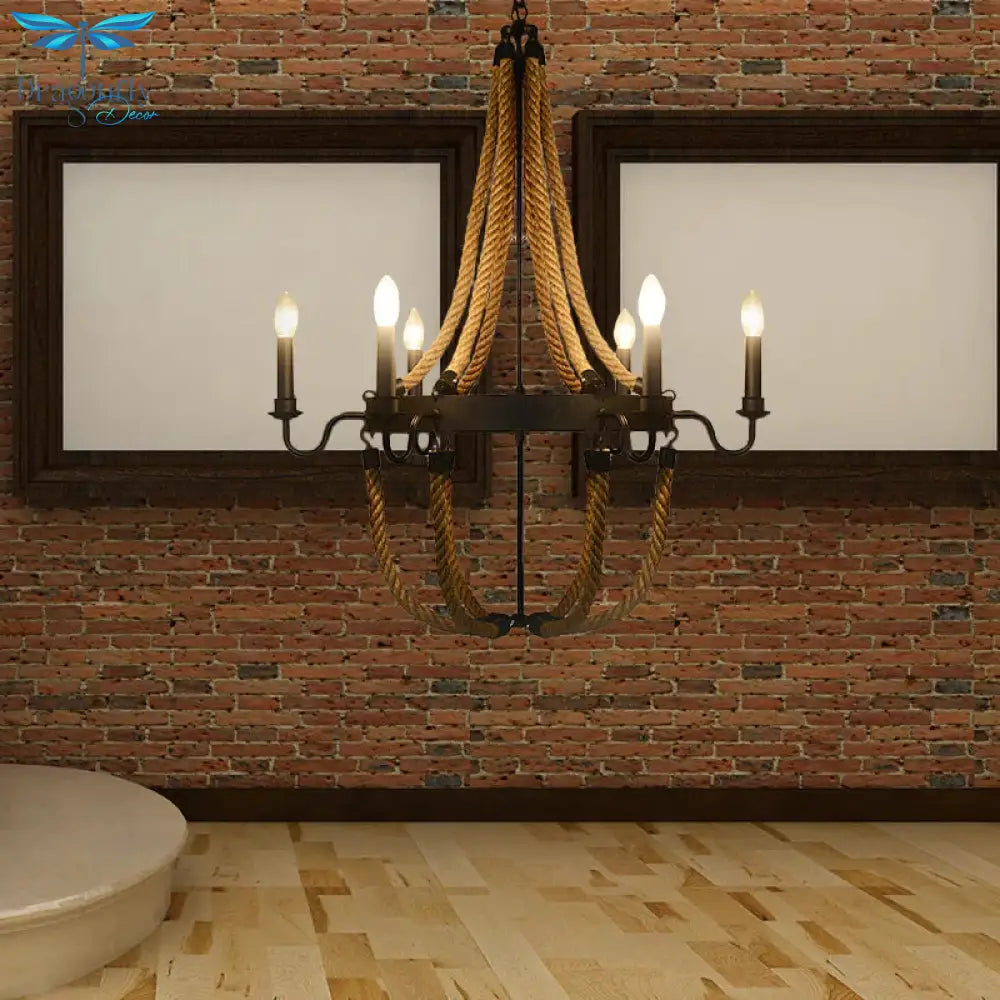 Pauline’s Metal Empire Chandelier - Industrial Lodge Style Pendant With Rope Detail