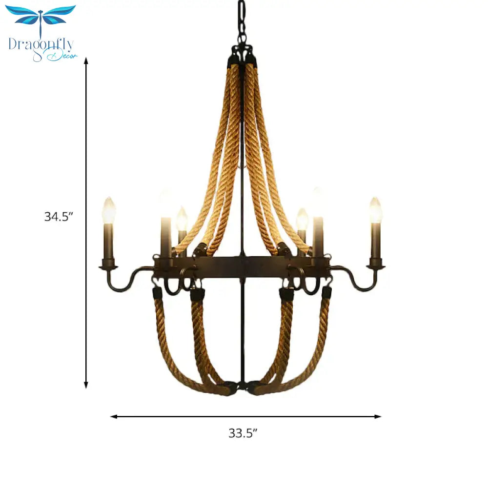 Pauline’s Metal Empire Chandelier - Industrial Lodge Style Pendant With Rope Detail