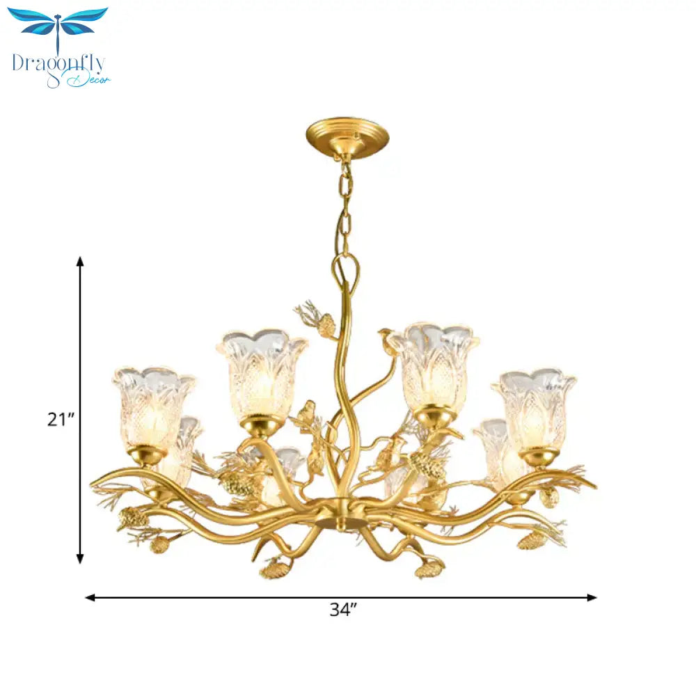 Petal Dining Room Ceiling Lamp Clear Textured Glass 6/8 Bulbs Retro Stylish Chandelier Light
