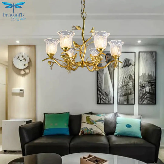 Petal Dining Room Ceiling Lamp Clear Textured Glass 6/8 Bulbs Retro Stylish Chandelier Light