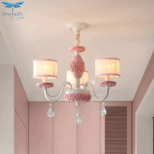 Pink 3 Heads Suspension Light Traditional Fabric Drum Pleated Lampshade Chandelier With Clear