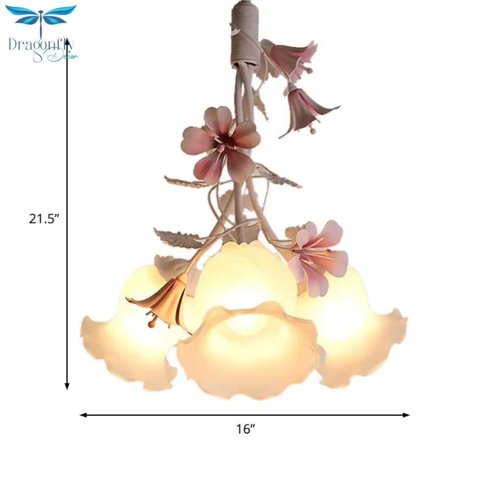 Pink 3 Lights Down Lighting Pastoral White Glass Flower Chandelier Light Fixture For Living Room