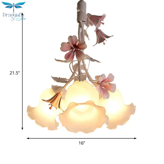 Pink 3 Lights Down Lighting Pastoral White Glass Flower Chandelier Light Fixture For Living Room