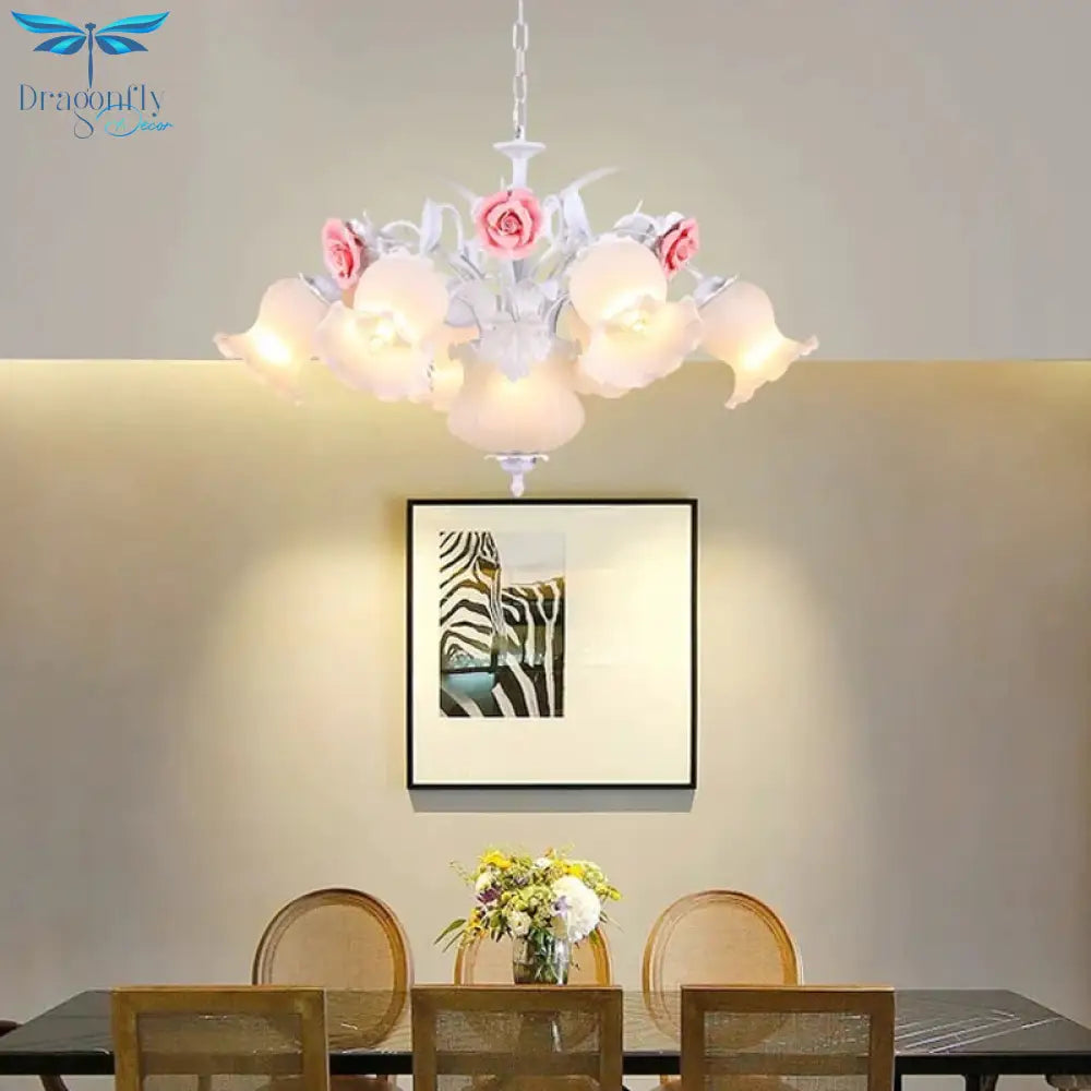 Pink 8 Bulbs Hanging Chandelier Romantic Pastoral White Glass Rose Suspension Pendant