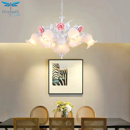 Pink 8 Bulbs Hanging Chandelier Romantic Pastoral White Glass Rose Suspension Pendant