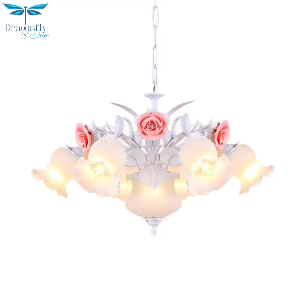 Pink 8 Bulbs Hanging Chandelier Romantic Pastoral White Glass Rose Suspension Pendant