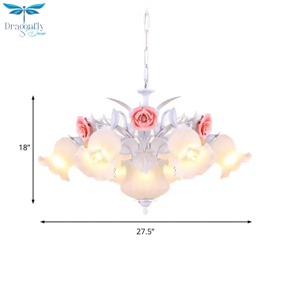Pink 8 Bulbs Hanging Chandelier Romantic Pastoral White Glass Rose Suspension Pendant