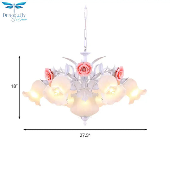 Pink 8 Bulbs Hanging Chandelier Romantic Pastoral White Glass Rose Suspension Pendant